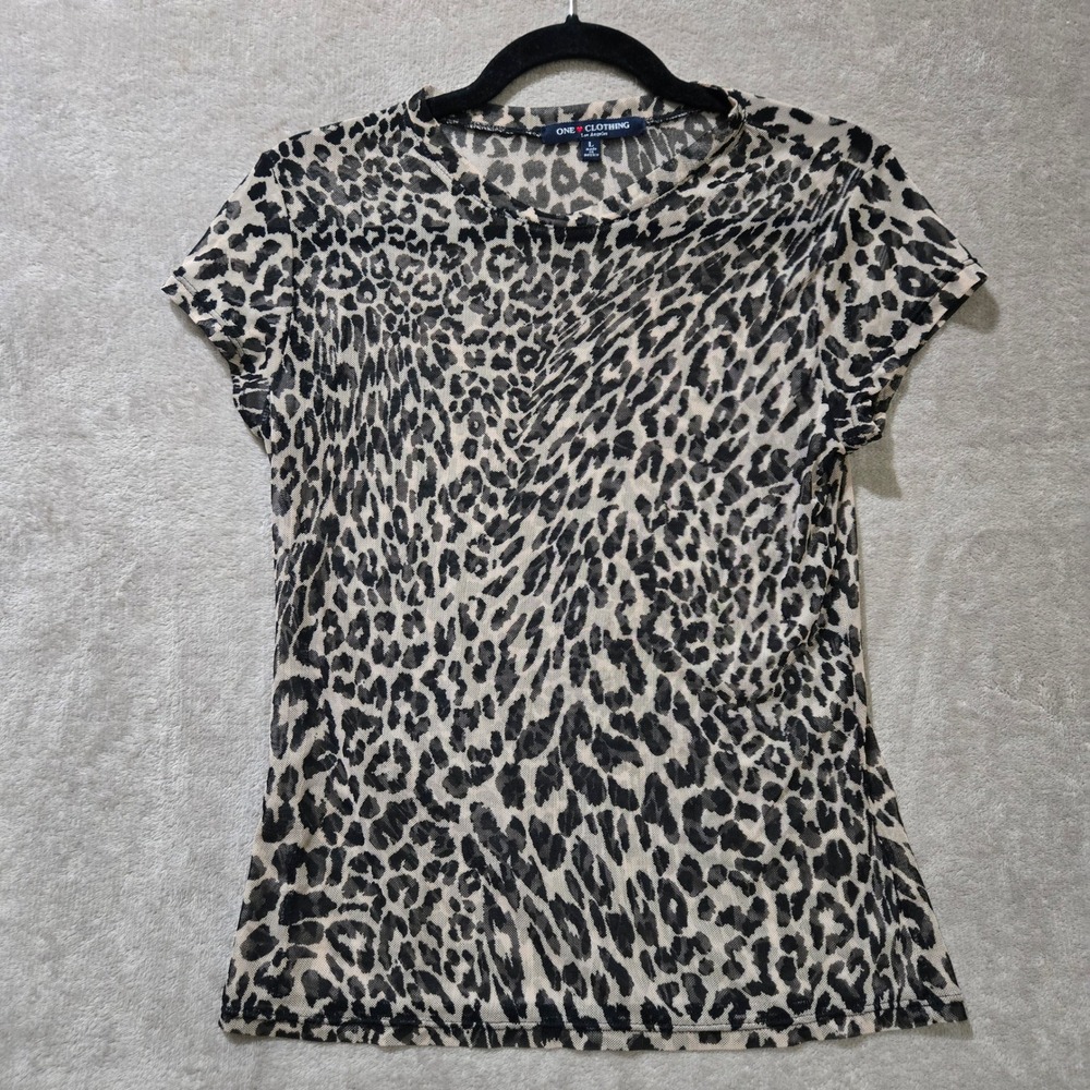 One Clothing Mesh Top Womens Large Leopard Print Y2K Sheer Animal Layering